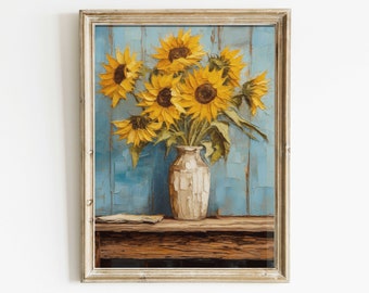 Sunflower Wall Decor, Vintage Rustic Floral Print, Sun Flower Wall Art,Farmhouse Decor, Country Style Flower Painting, Printable Art