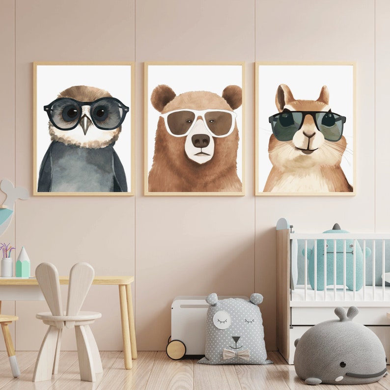 Nursery Animal Wall Art, Woodland Animals Wearing Glasses, Bear ...