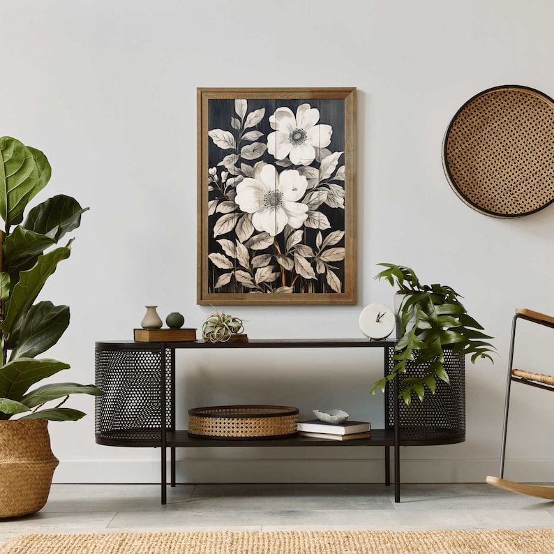 Rustic Floral Wall Decor, Black Wood Wall Art, Black and White Floral ...