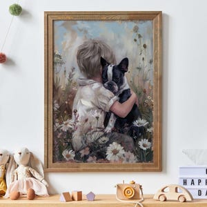 Boston Terrier Nursery Art, Boy & Dog, Boston Terrier Wall Art Print, Dog Boys Room Decor, Boston Terrier Painting,Printable Dog Wall Decor
