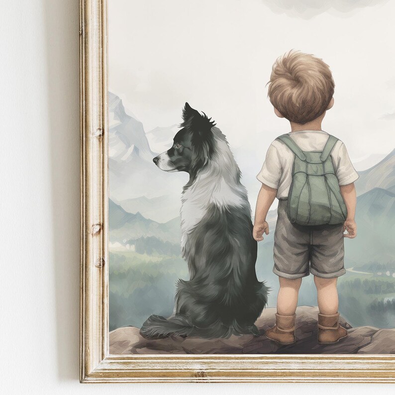 K&ouml;nnte beinhalten: Ein gerahmter Aquarelldruck zeigt ein Kind mit Rucksack und einen schwarz-wei&szlig;en Hund, das eine Bergkette betrachtet. Das Kunstwerk zeigt einen Jungen in Shorts und einen Hund, der auf einem Felsen sitzt, mit einer malerischen Landschaft im Hintergrund.