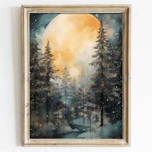May include: A watercolor painting of a full moon shining over a dark forest with snow falling. The moon is a bright yellow and orange color, and the trees are a dark blue and green. The painting has a dreamy and magical feel.