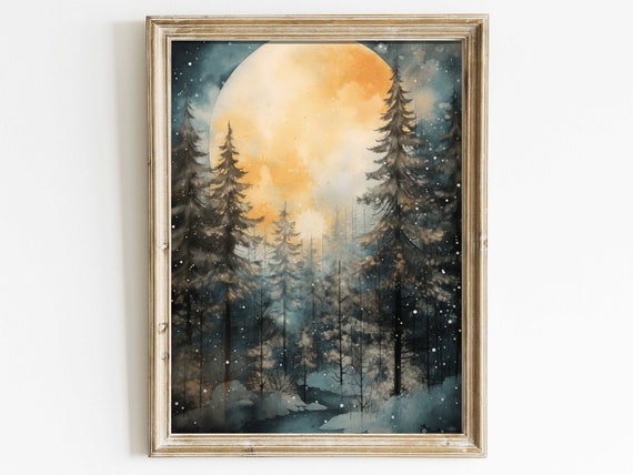 Forest Wall Art, Moody Forest Print, Watercolor Landscape Decor, Nature Lovers Gift, Full Moon Art Print, Printable Tranquil Art