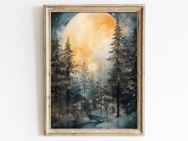 May include: A watercolor painting of a full moon shining over a dark forest with snow falling. The moon is a bright yellow and orange color, and the trees are a dark blue and green. The painting has a dreamy and magical feel.