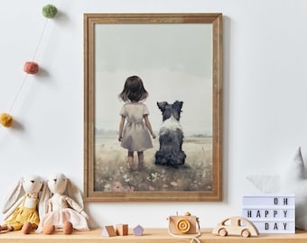 Border Collie Nursery Art, Border Collie Print, Girl & Dog Art, Girls Room Dog Decor, Dog Nursery Decor, PRINTABLE Dog Wall Decor for Girls