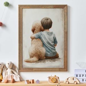 Goldendoodle Nursery Decor, Boy & Dog Art Print, Golden Cockapoo Print, Dog Nursery Decor, Toddler Decor Boy, Printable Dog Decor for Kids