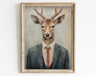 Deer Wall Art, Funny Animal Portrait, Animals in Clothes, Deer Wearing Suit, Vintage Woodland Animal Print, Vintage Home Decor,Printable Art