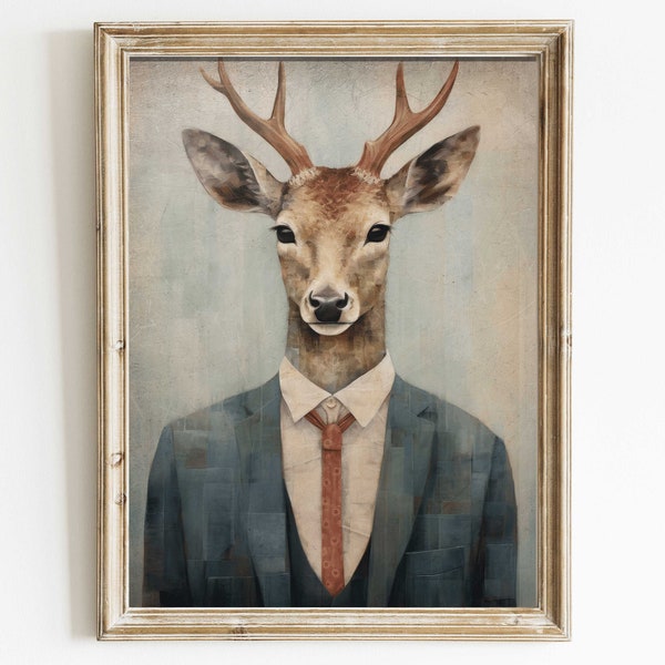 Deer Wall Art, Funny Animal Portrait, Animals in Clothes, Deer Wearing Suit, Vintage Woodland Animal Print, Vintage Home Decor, DIGITAL Art