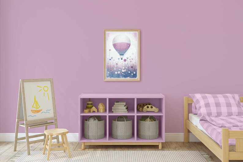 Hot Air Balloon Nursery, Air Balloon Print, Lavendel Color Nursery, Wildflower Nursery Art, Vintage Balloon Painting, PRINTABLE Nursery Art image 6