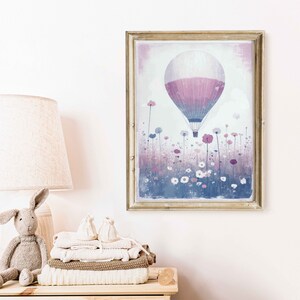Hot Air Balloon Nursery, Air Balloon Print, Lavendel Color Nursery, Wildflower Nursery Art, Vintage Balloon Painting, PRINTABLE Nursery Art image 3