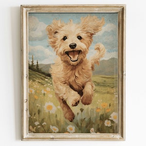 Goldendoodle Art Print, Vintage Dog Decor, Goldendoodle Painting, Printable Dog Wall Art, Happy Dog Print, PRINTABLE Dog Decor