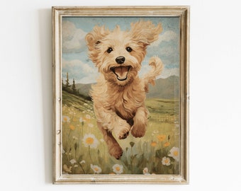 May include: A painting of a golden doodle dog running through a field of wildflowers. The dog is smiling and has its tongue sticking out. The background is a green field with mountains in the distance.