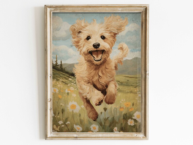 May include: A painting of a golden doodle dog running through a field of wildflowers. The dog is smiling and has its tongue sticking out. The background is a green field with mountains in the distance.
