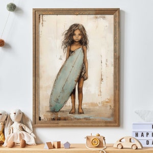 Surfer Girl Print, Surfer Nursery Art, Vintage Girl&#39;s Room Decor, Beach Nursery Print, Little Girl with Surfboard, Printable Art