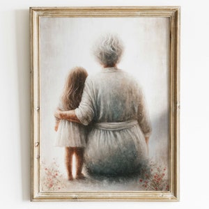 May include: A painting of an older woman with gray hair and a younger girl with brown hair. They are standing close together, with the older woman's arm around the girl's shoulders. They are both looking away from the viewer, towards the horizon. The painting is done in a soft, muted palette of grays, browns, and blues.
