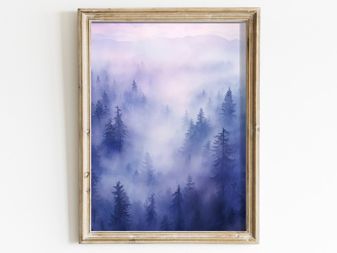 Watercolor Forest Print, Printable Landscape Art, Purple Wall Decor, Mystical Wall Art, Tranquil ...