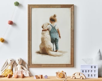 Impression Golden Retriever, décoration de chambre de chien, fille et chien, décoration de chien pour chambre de filles, décoration de chambre pour tout-petits, décoration de chien mignon, art de chien à imprimer