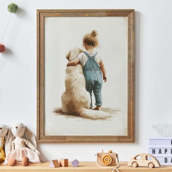 Impression Golden Retriever, décoration de chambre de chien, fille et chien, décoration de chien pour chambre de filles, décoration de chambre pour tout-petits, décoration de chien mignon, art de chien à imprimer