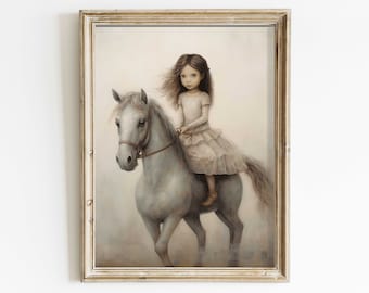 Vintage Horse Nursery Wall Art, Cute Nursery Horse Decor, Cow Girl Riding on White Horse, Girly Nursery or Bedroom Equestrian Printable Art