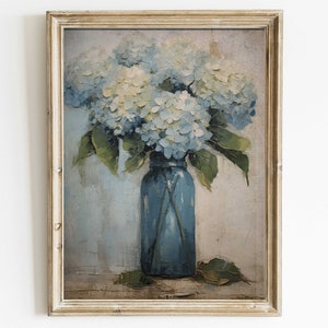 Rustic Floral Art, Hortensia Flower Wall Art, Vintage Floral Wall Decor, Blue Vintage Print, Flower Painting, Printable Botanic Art