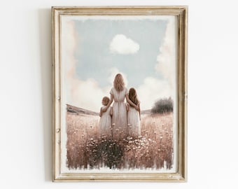 May include: A watercolor painting of three people, a woman and two girls, walking in a field of wildflowers. The woman is in the middle, and the girls are on either side of her. They are all wearing white dresses and have their backs to the viewer. The sky is blue with a single white cloud.