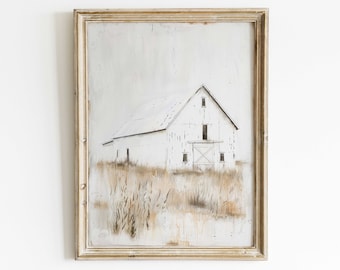 May include: A framed painting of a white barn with a brown roof, set against a light gray background. The barn is surrounded by tall grass and is situated in a field.