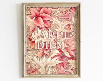 Carpe Diem Quote Wall Art - Inspirational Quote Decor, Inspiring Home Decor, Vintage Floral Background, Printable Decor