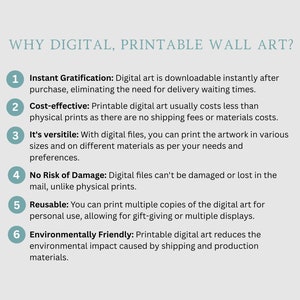 K&ouml;nnte beinhalten: Eine Liste mit sechs Gr&uuml;nden, warum digitaler, druckbarer Wandkunst eine gute Wahl ist. Die Gr&uuml;nde sind: sofortige Befriedigung, kosteng&uuml;nstig, vielseitig, kein Risiko von Sch&auml;den, wiederverwendbar und umweltfreundlich.