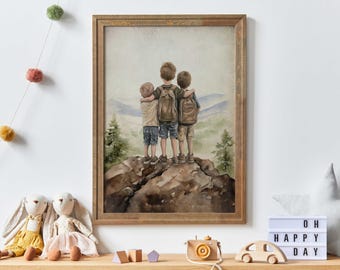 Three Brothers Print, Three Sons Art, Brother Room Wall Art, Brother Painting, Adventure Decor Kids, Mountain Boy Art,PRINTABLE Boy Wall Art