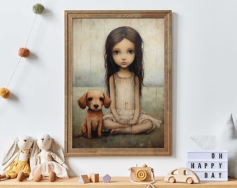 Girly Wall Art Print, Girl and Dog Print, Puppy Nursery Decor, Unique Vintage Girl's Room Decor, Printable Animal Nursery Wall Decor