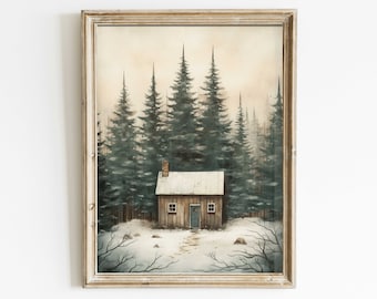 Vintage Forest Cabin Print, Rustic Home Decor, Little Cottage Print, Outdoors Wall Art, House in the Woods, Printable Nature Art