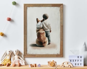 Welsh Corgi Nursery Print, Dog Nursery Decor, Boy and Dog Art, Boys Room Dog Decor, Toddler Room Decor, Cute Animal Art, PRINTABLE Dog Art