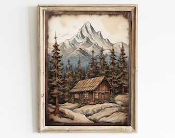Rustic Mountain Cabin Print, Forest and Mountain Wall Art, Cottage Art Print, Vintage Style Nature Print, Printable Art
