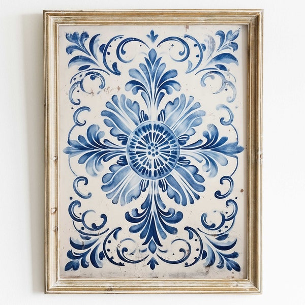 Portuguese Tile Art Print, Azulejo Print, Vintage Tile Motif, Distressed Wall Art, Rustic Ornamental Wall Decor, Antique Art, PRINTABLE Art