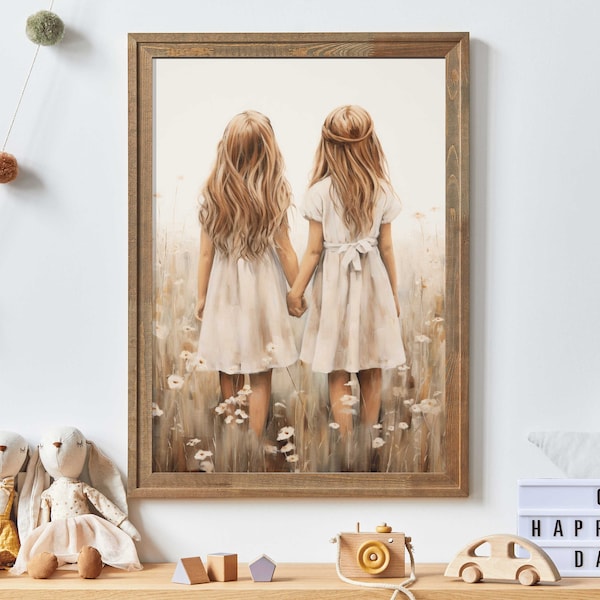 Sister Wall Art, Best Friends Print, Sisterhood Art, Vintage Twin Sister Painting, DIGITAL Printable Art for Girl's Room or Bedroom Decor