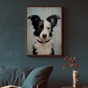 K&ouml;nnte beinhalten: Eine gerahmte Illustration eines schwarz-wei&szlig;en Border Collies mit einem wei&szlig;en Fleck auf der Brust. Der Hund schaut den Betrachter mit einem ernsten Ausdruck direkt an.
