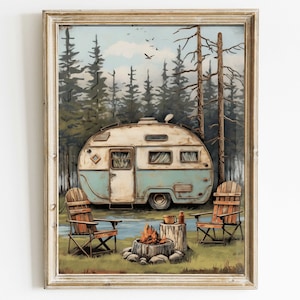 Camping Wall Art, Vintage Caravan Print, Nature Print, Camper Decor, Rustic Home Decor for Camping Lovers, Printable Wall Decor