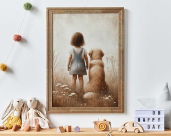 Golden Retriever Nursery Art, Girl and Dog Painting, Dog Nursery Decor, Girls Room Dog Decor, Golden Retriever Painting, PRINTABLE Dog Decor