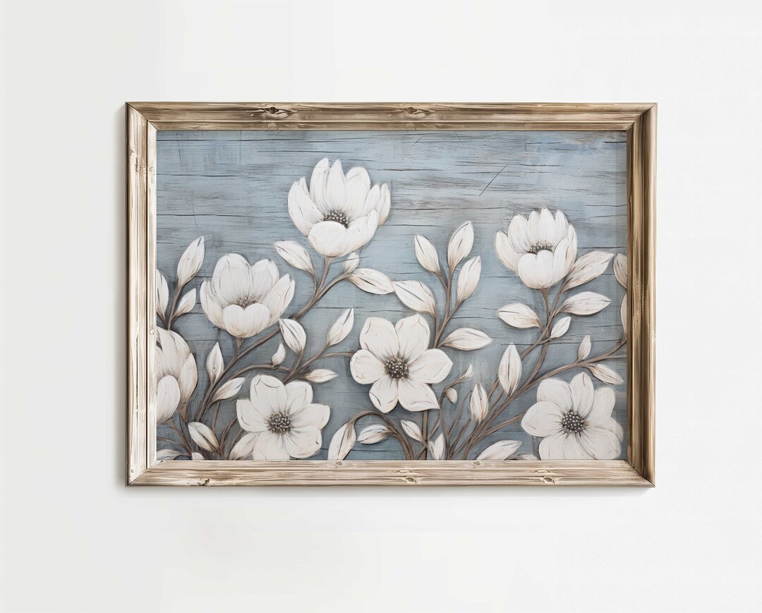 White Flower Wall Art, Rustic Floral Wall Decor, Flower Kitchen Print