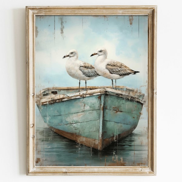 Seagull Wall Art, Sea Bird Art, Sea Gull Print, Row Boat Wall Art, Sea & Coastal Landscape Decor, Nautical Home Decor, DIGITAL Printable Art