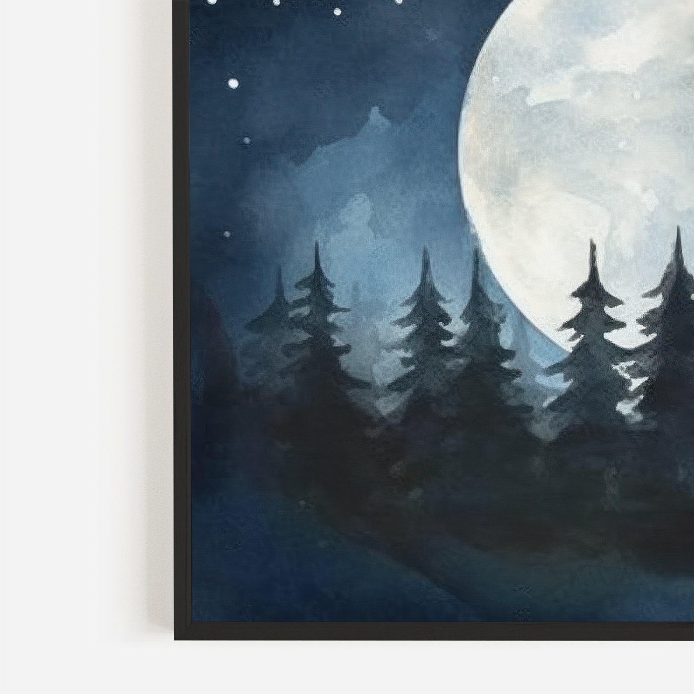 Full Moon Print, Forest Landscape Painting, Vintage Forest