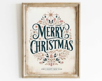 Merry Christmas Print, Christmas Art, Christmas PRINTABLE Wall Art, Vintage Christmas Wall Decor, Xmas Decor, Rustic Christmas Home Decor