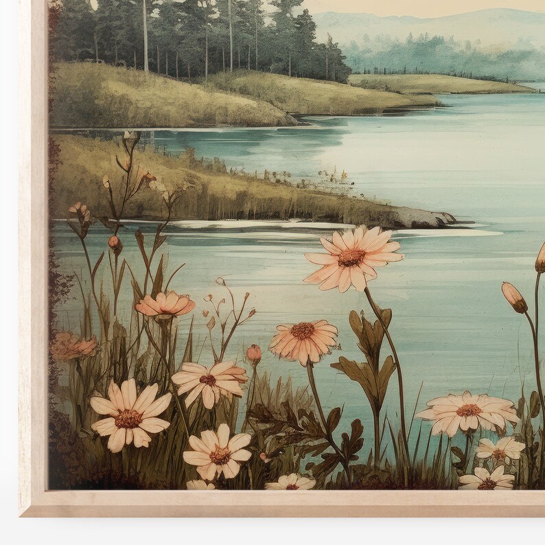 Puede incluir: Una pintura acuarela enmarcada que representa una escena de lago con un bosque en el fondo. En primer plano, un campo de flores silvestres rosas.
