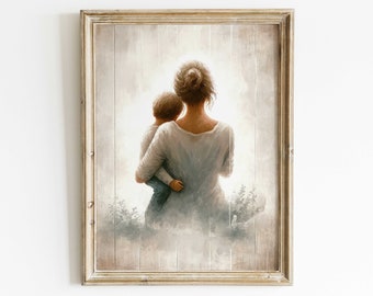 Art mural mère et fils, cadeau pour les mères, impression d'art maman et garçon enfant, peinture mère, Art Bond mère fils, art mural imprimable vintage