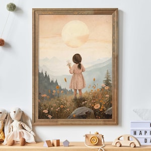 Girly Wall Art Print, Art for Girls&#39; Nursery or Bedroom, Toddler Girl with Flowers, Wildflower Nursery Decor, Printable Wall Art