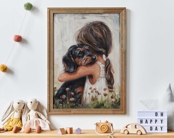 Dachshund Nursery Decor, Wire Haired Dachshund Art, Black and Brown Dachshund Painting, Dachshund Girl Room Print, Printable Dog Art