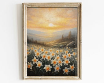 水仙の絵画、夕焼けのアートプリント、花の風景、水仙の壁アート、花の