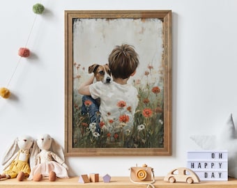 Decoración de habitación infantil con Jack Russell, pintura de Jack Russell, pintura de niño y perro, arte canino para habitación de niño, impresión de Jack Russell, decoración imprimible de perro para niño