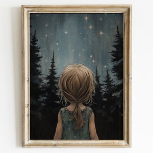 Décoration de chambre d&#39;enfant étoiles et lune, art mural pour chambre de filles, art de mauvaise humeur pour enfants, décoration murale de chambre d&#39;enfant forêt, impression observation des étoiles, art mural fille à imprimer