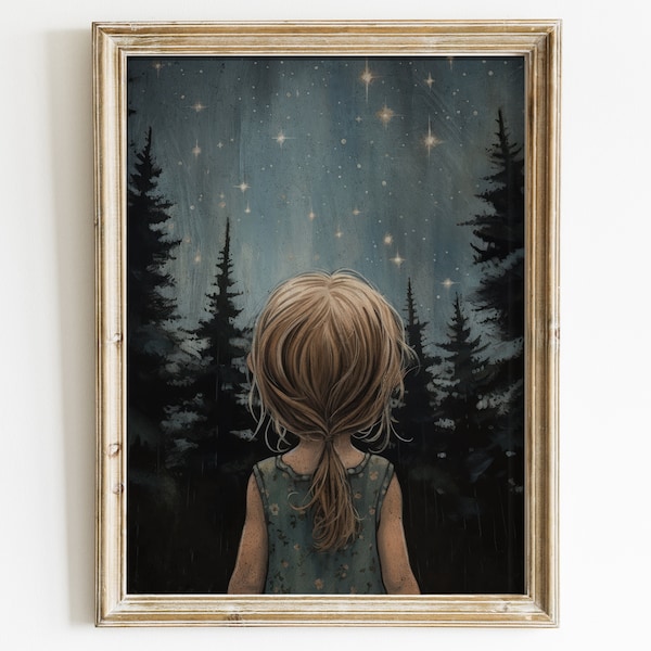 Stars & Moon Nursery Decor, Girls Room Wall Art, Moody Art for Kids, Forest Nursery Wall Decor, Stargazing Print, PRINTABLE Girl Wall Art